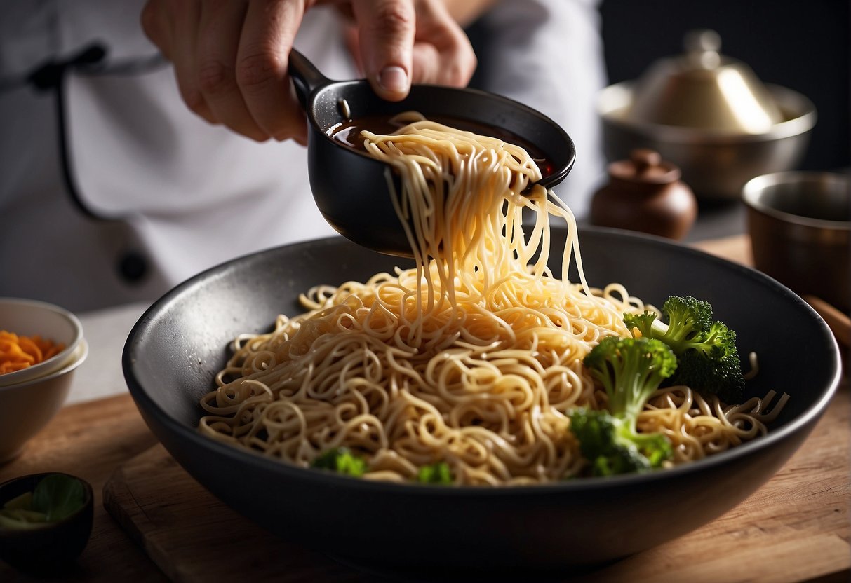 A chef pours soy sauce into a bowl, while adding other ingredients for Chinese chow mein