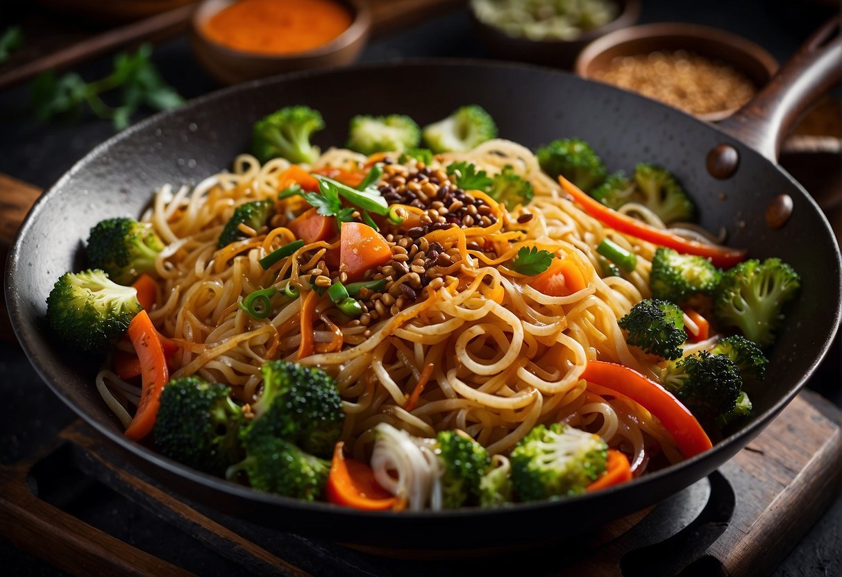 Sizzling wok stir-frying noodles, vegetables, and protein with soy sauce and aromatic spices