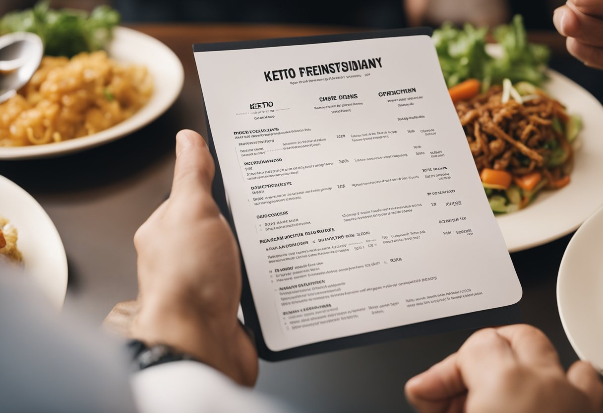 A person ordering keto-friendly dishes at a Chinese restaurant, pointing at menu items and discussing dietary restrictions with the waiter