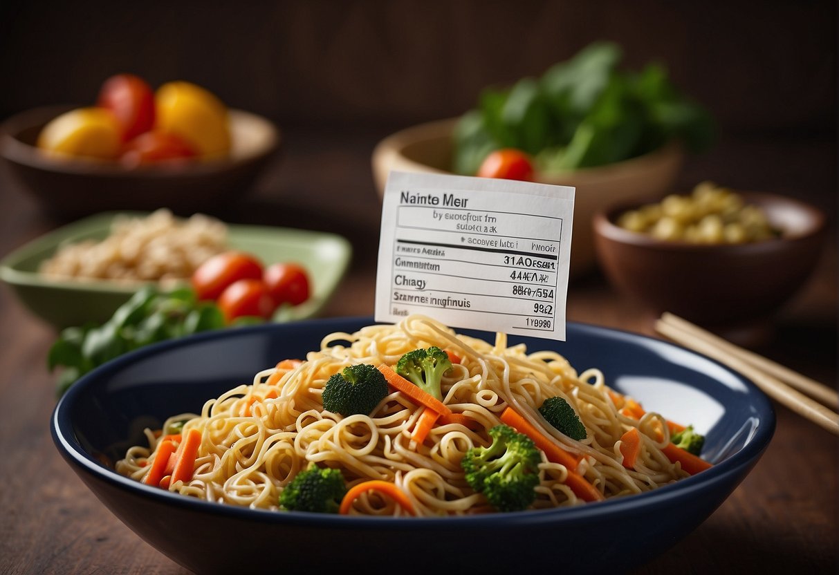 A bowl of Chinese chow mein surrounded by fresh vegetables and a printed nutritional information label