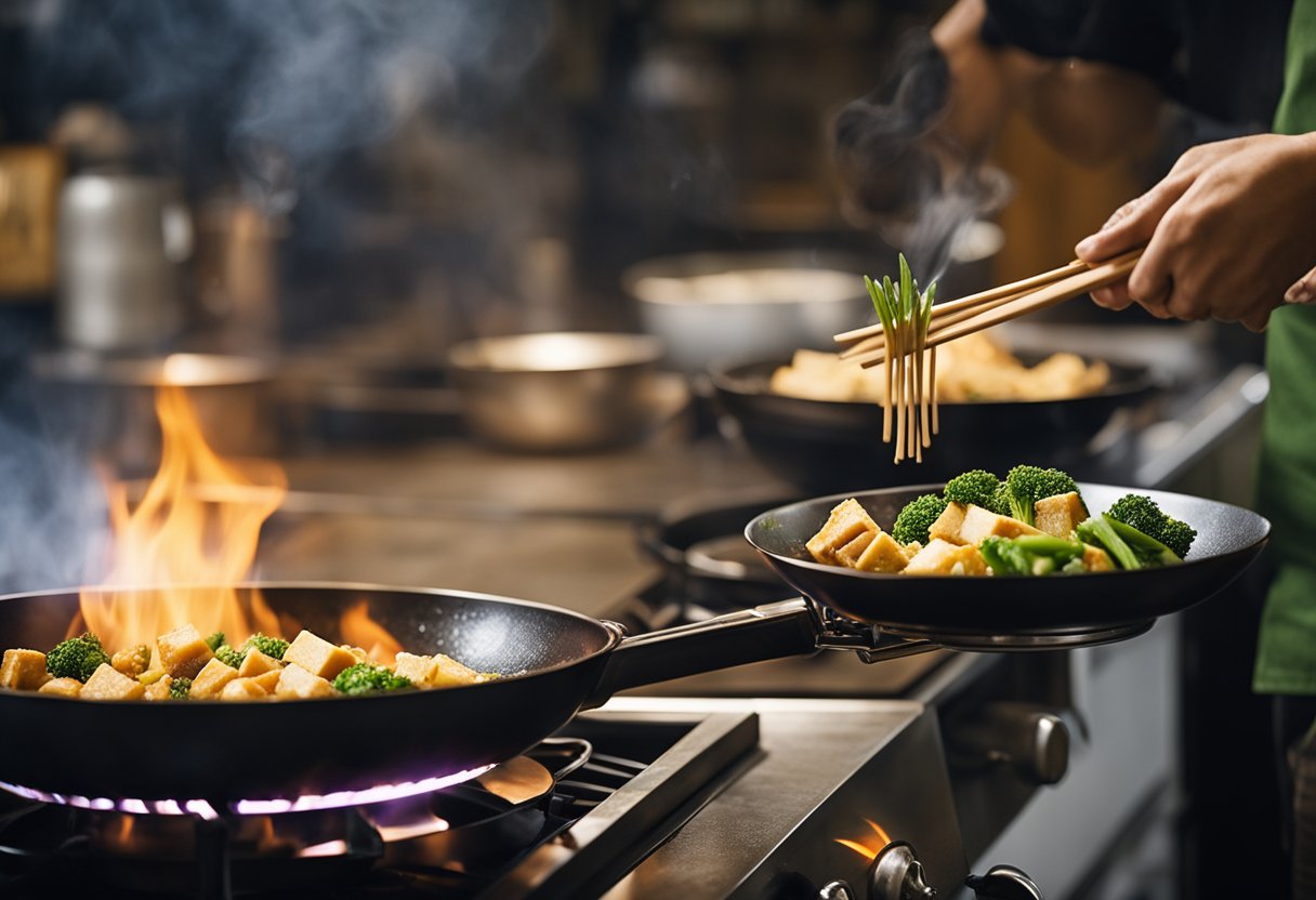 A wok sizzles as vegetables are stir-fried in sesame oil. Tofu is marinated in soy sauce and ginger. A pot simmers with a fragrant broth