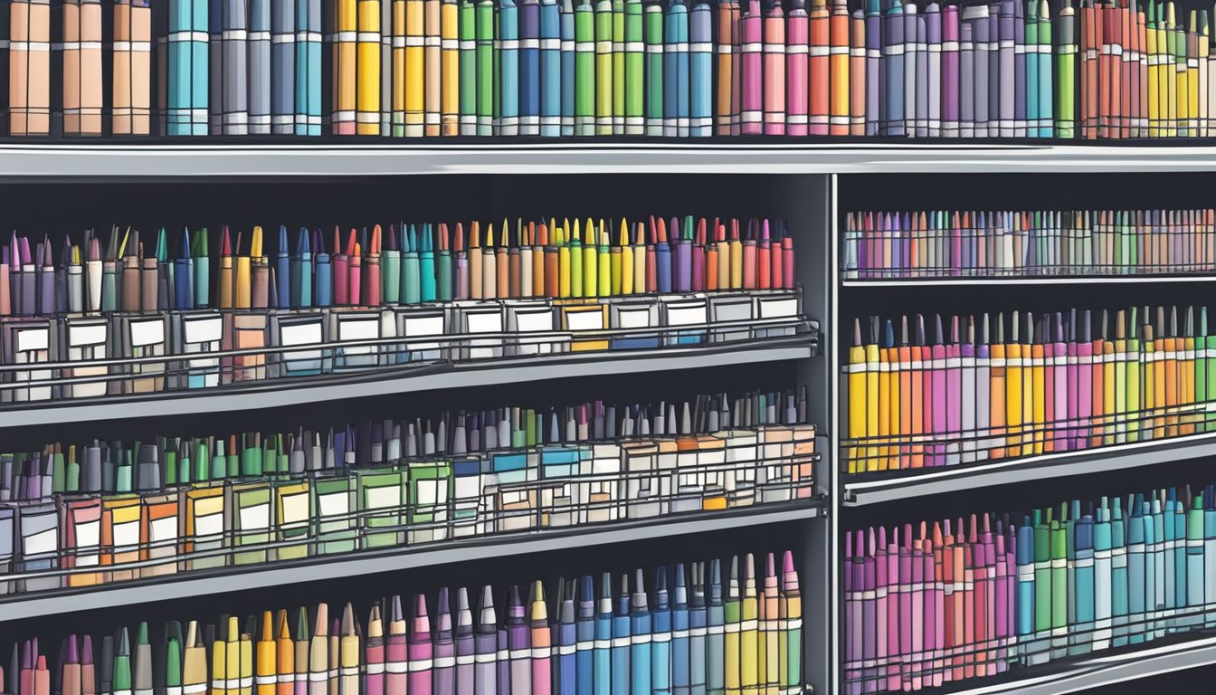 A well-lit stationery shop displays various Cross pen refills on organized shelves, with clear signage indicating their availability in Singapore
