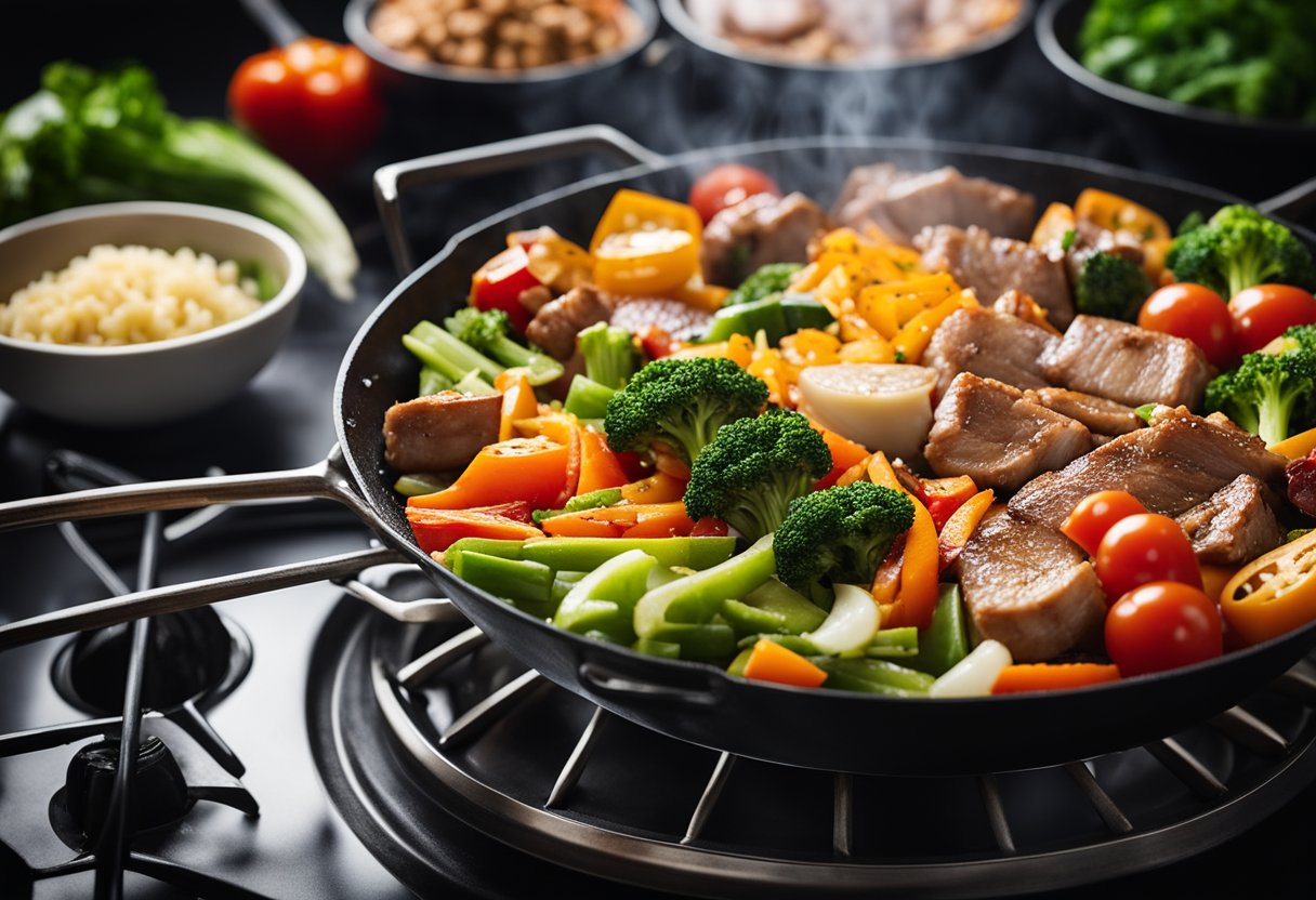 A sizzling wok on a gas stove, filled with colorful vegetables and sizzling pieces of meat, surrounded by various Chinese cooking ingredients and utensils