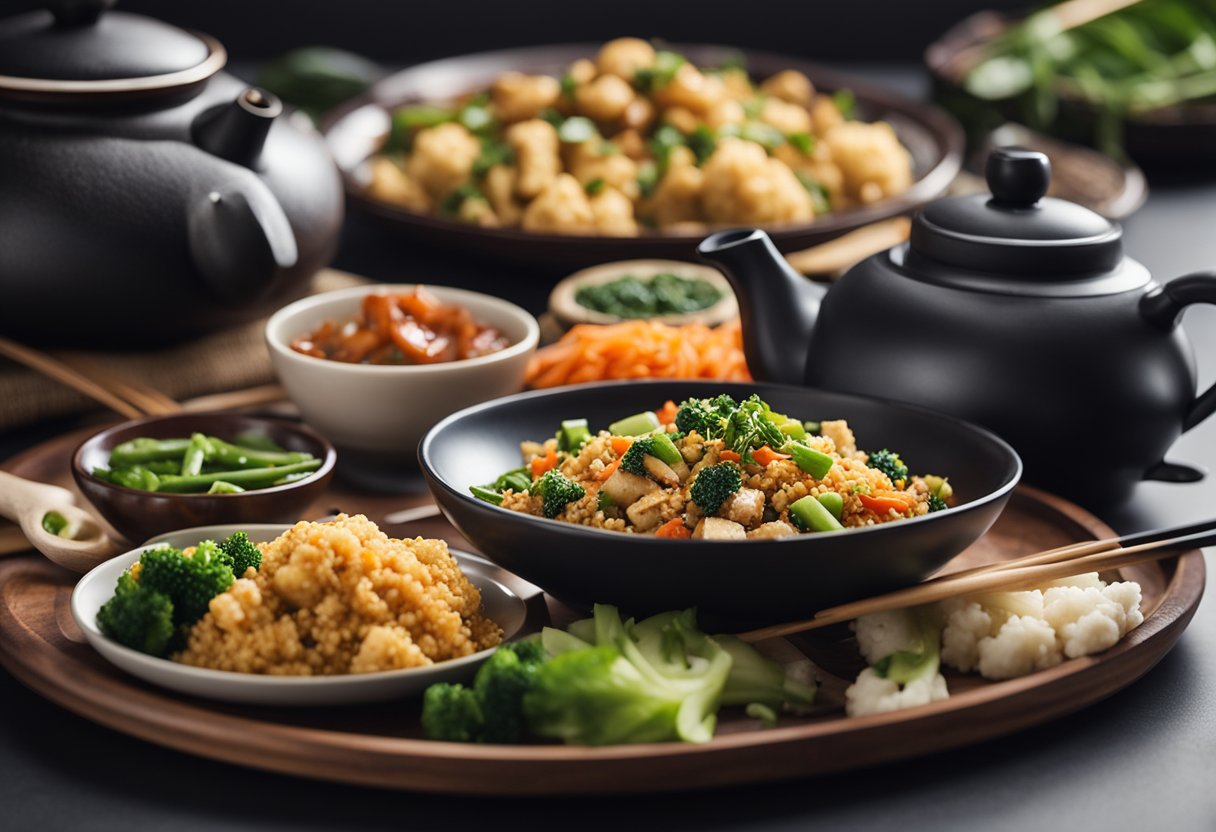 A table set with a variety of keto vegetarian Chinese dishes, including stir-fried vegetables, tofu dishes, and cauliflower fried rice. Chopsticks and a teapot complete the scene