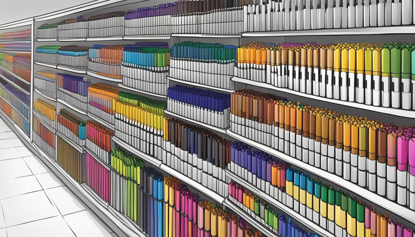 A display of Cross pen refills in a well-lit store in Singapore, with various options neatly organized on shelves for easy browsing and purchase