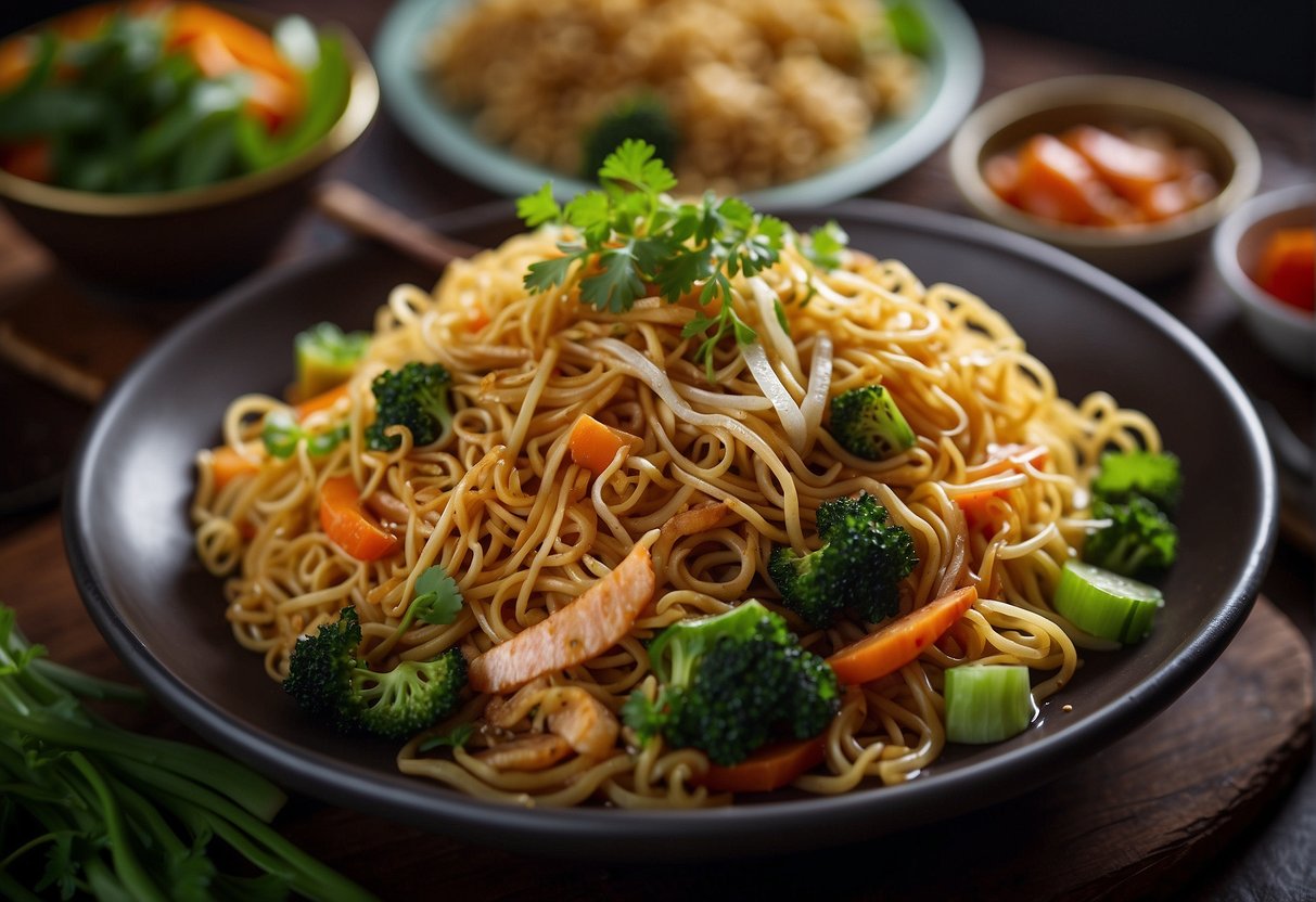 A steaming plate of chow mein surrounded by colorful vegetables and garnished with fresh herbs, served on a traditional Chinese dish