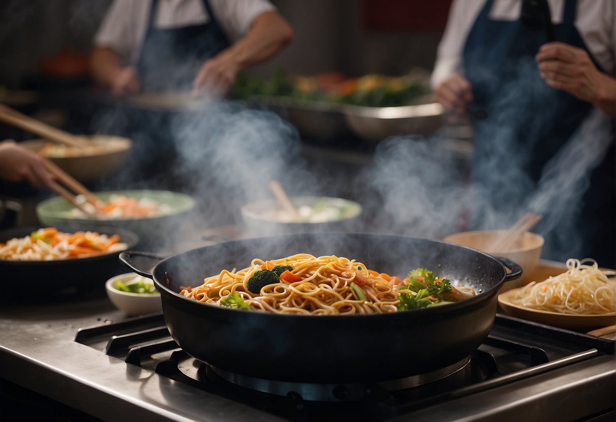 A steaming wok sizzles with stir-fried noodles, crisp vegetables, and savory sauce. Steam rises as the chef tosses the ingredients, creating a fragrant and mouthwatering Chinese chow mein dish