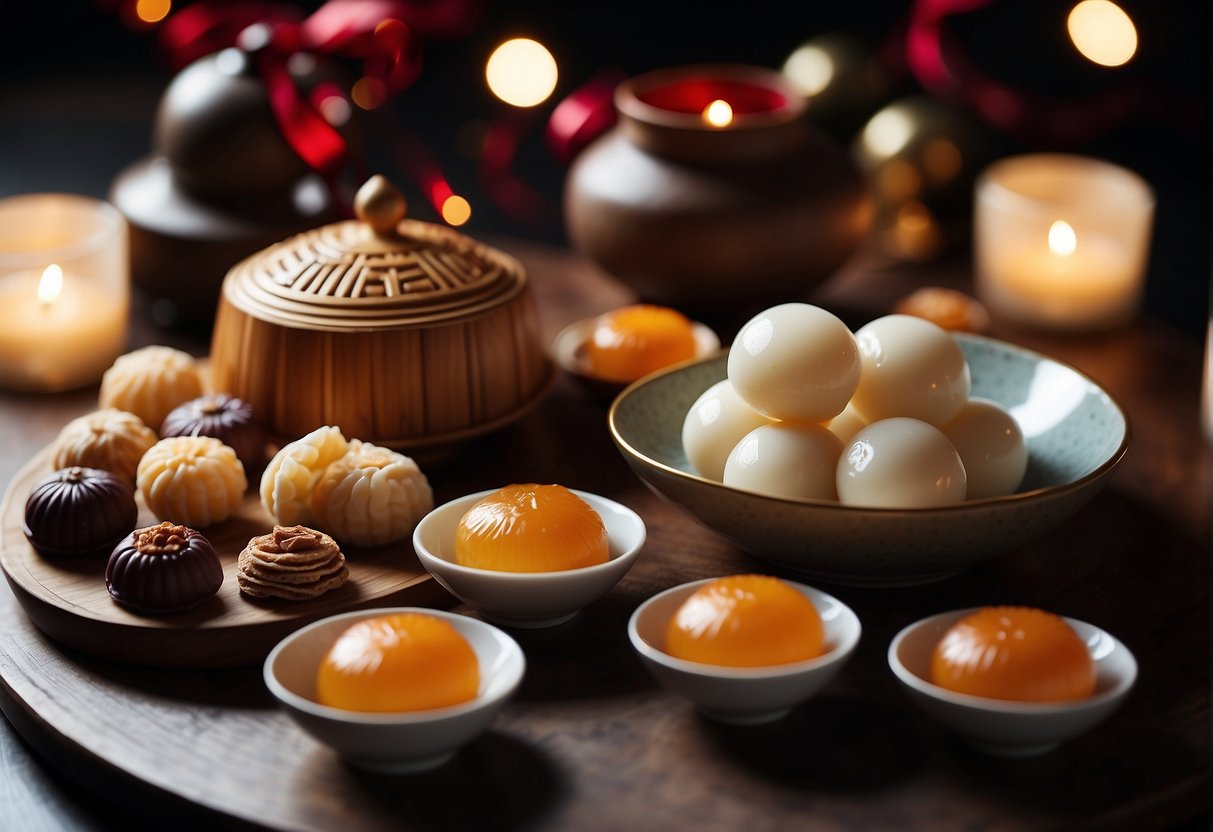 A table filled with traditional Chinese Christmas desserts, including tangyuan, mooncakes, and sweet rice balls, surrounded by festive decorations and twinkling lights