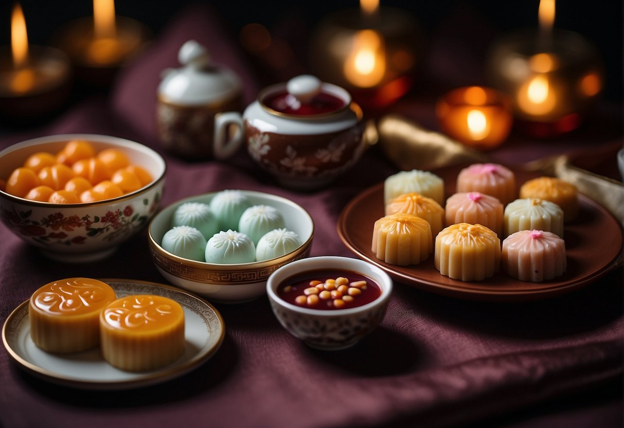 A table adorned with colorful and intricate Chinese Christmas desserts, including tangyuan, mooncakes, and sweet red bean soup