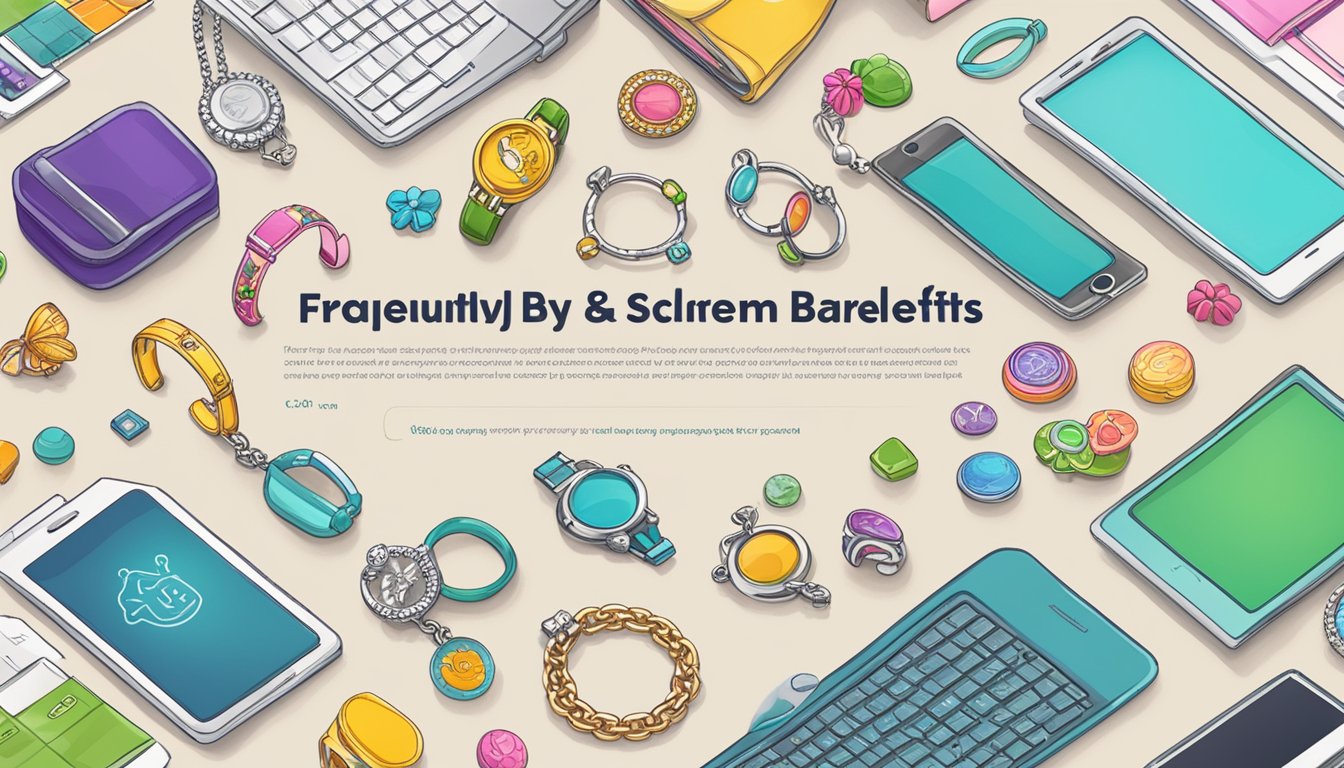 A computer screen displaying a website with the title "Frequently Asked Questions buy charm bracelets online" surrounded by various charm bracelet designs