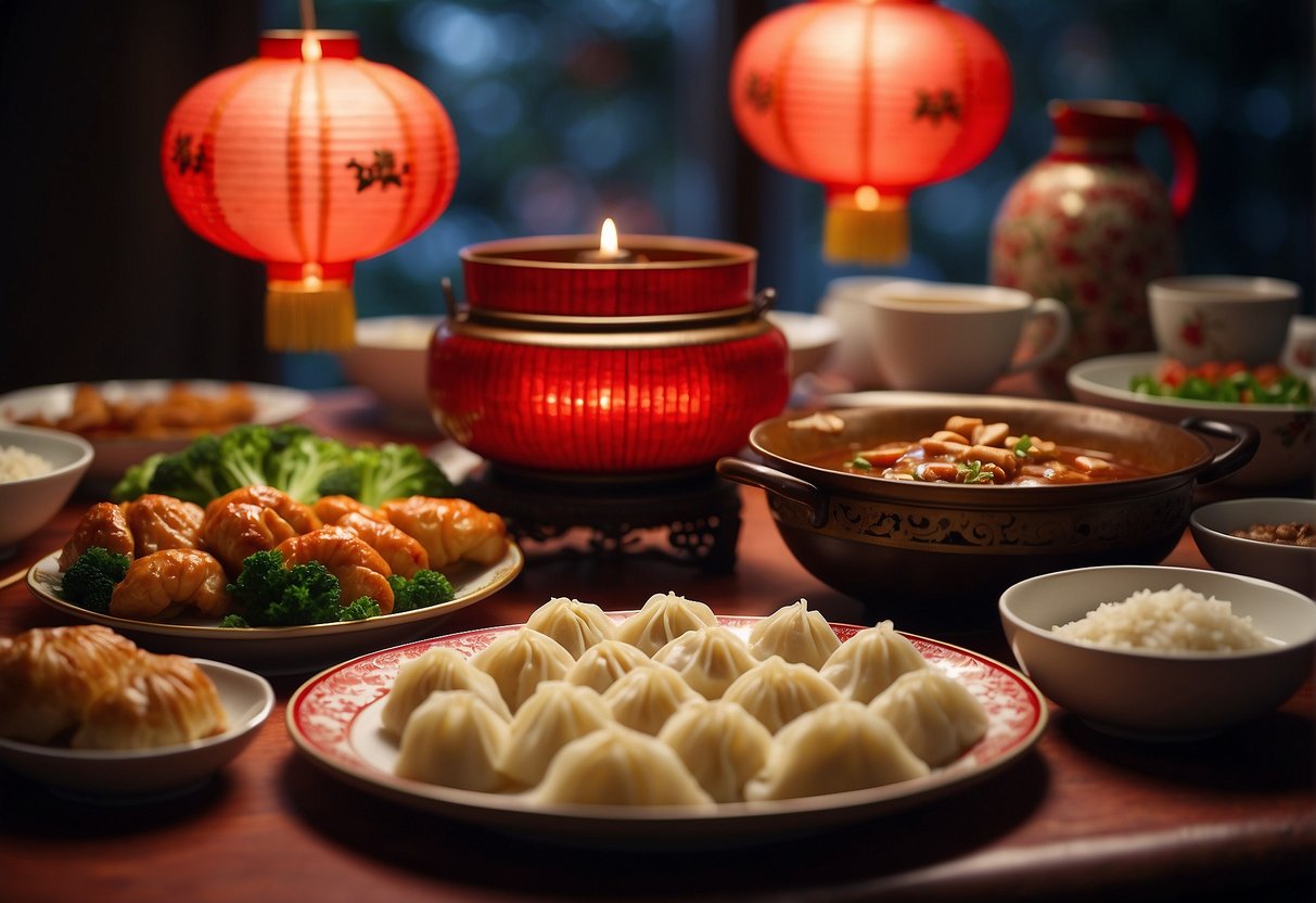 A festive table set with traditional Chinese Christmas dinner dishes. Red lanterns hang overhead, while steaming plates of dumplings, roast duck, and sweet rice cakes adorn the table