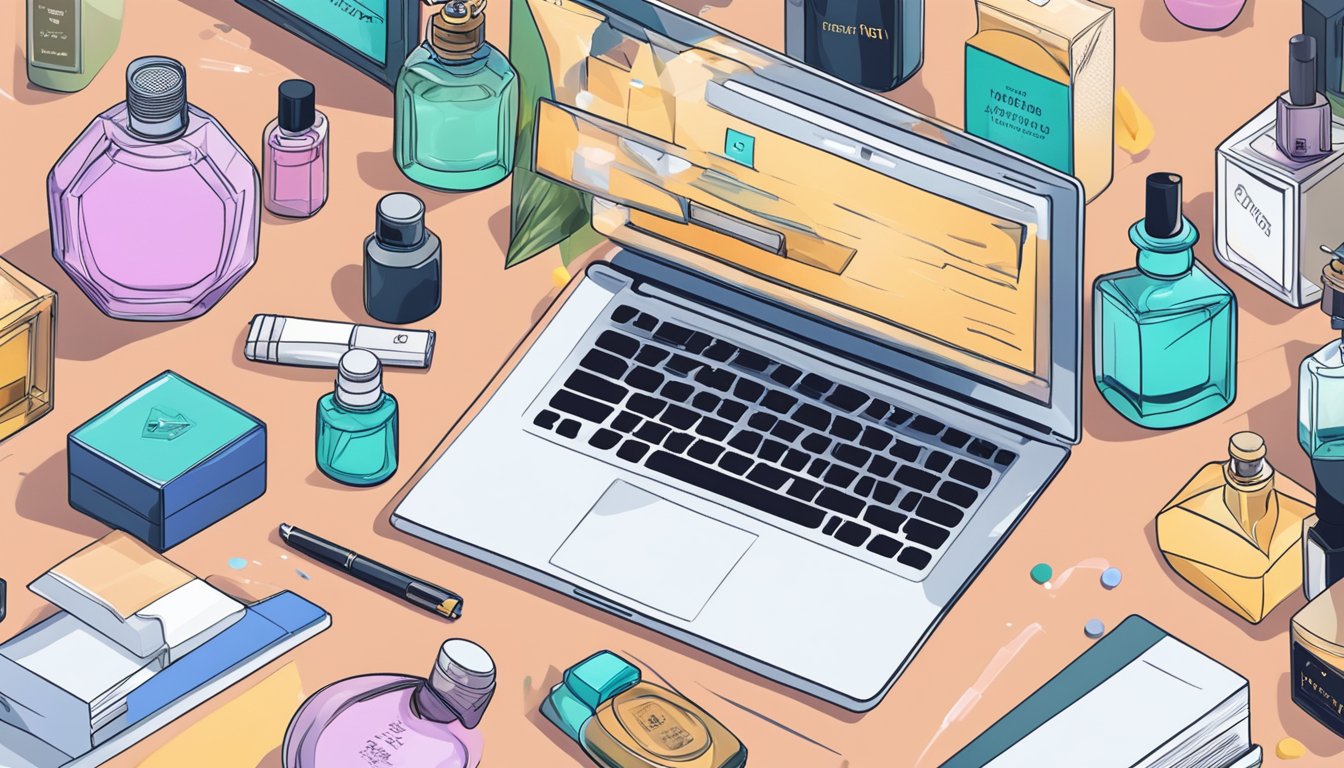 A laptop sits open on a cluttered desk, displaying a website with various bottles of perfume. A hand reaches for the mouse, ready to click and discover affordable fragrances online