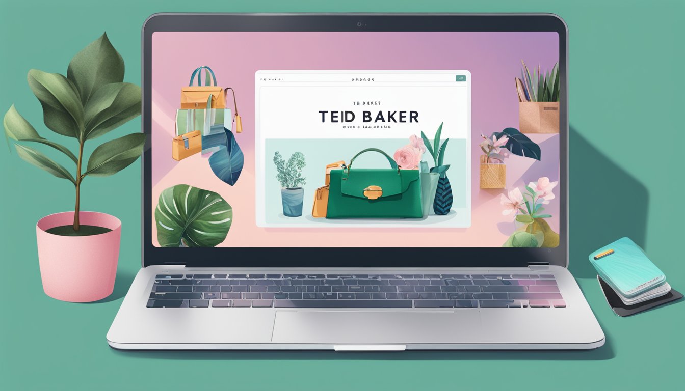A laptop displaying a website with various Ted Baker bags, a credit card, and a shipping address