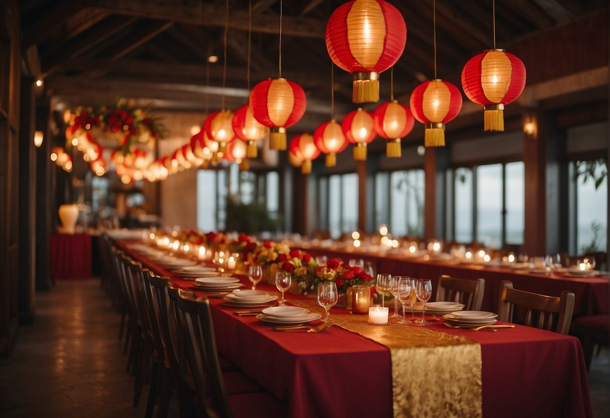 The dining table is adorned with red and gold decorations, while lanterns hang from the ceiling, casting a warm and inviting glow