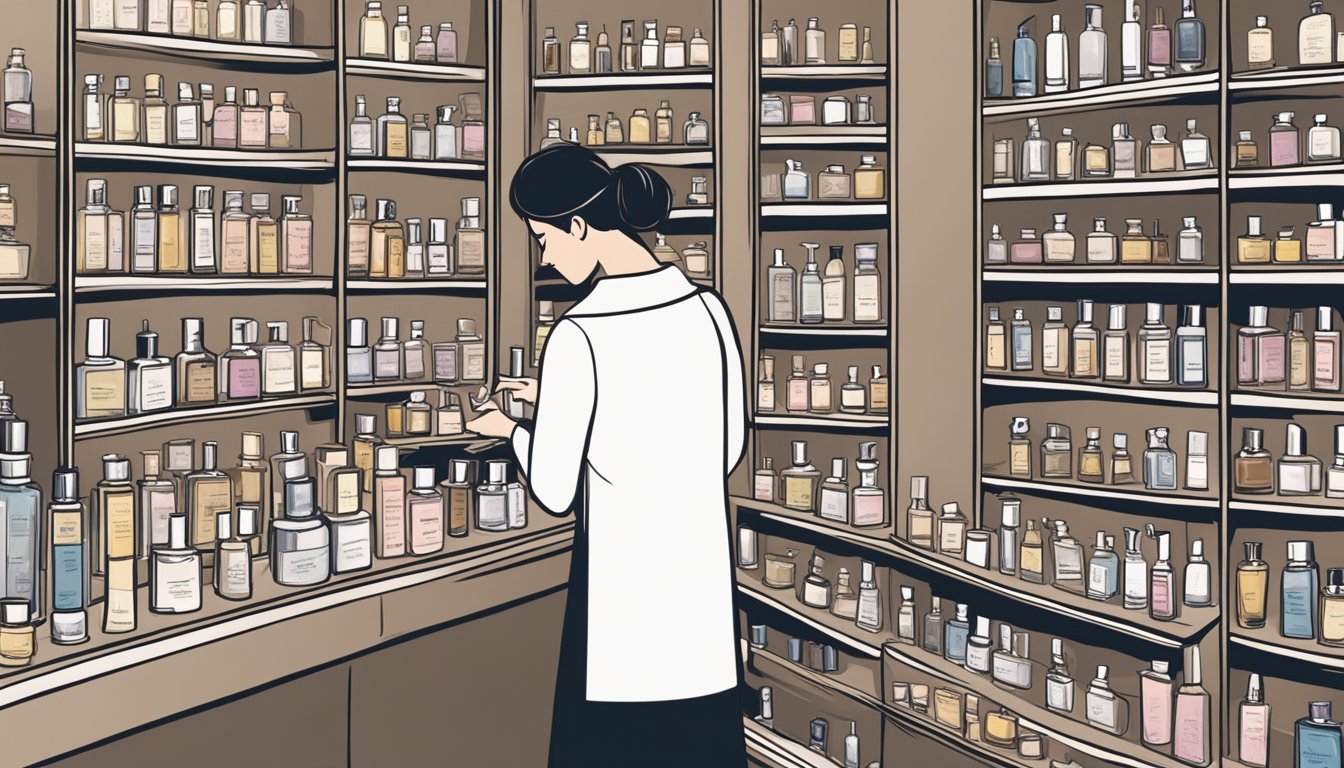 A person browsing through various perfume bottles on a shelf, carefully reading the labels and considering their options before making a selection