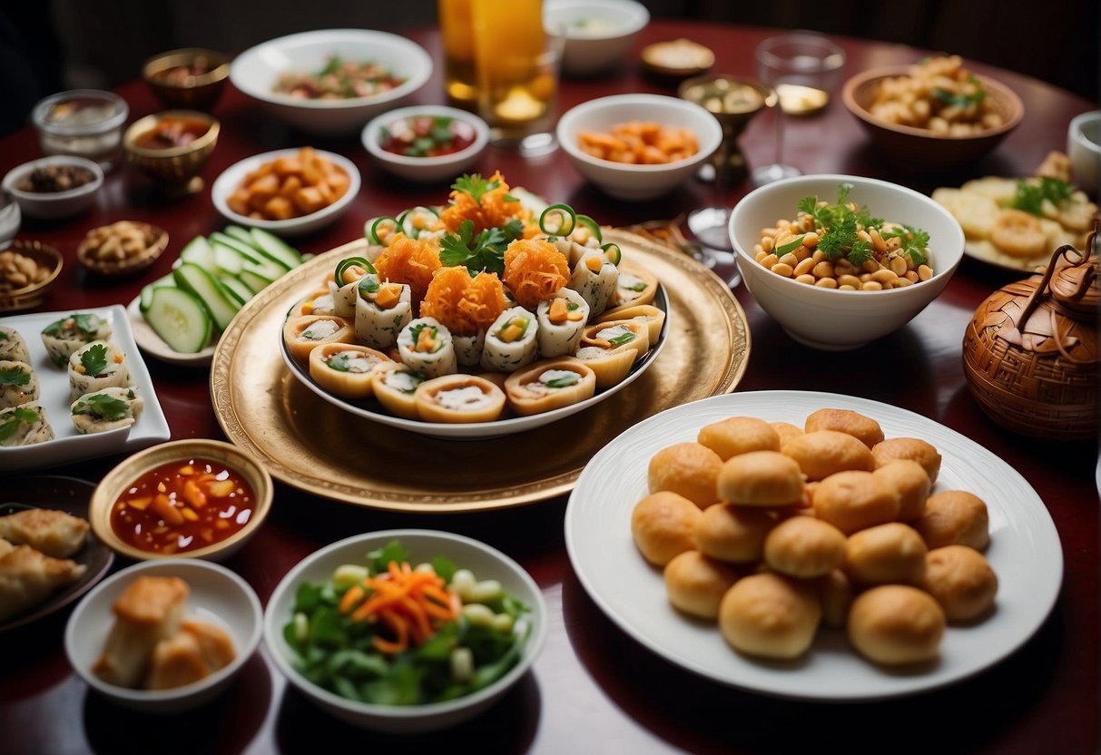 A table set with a variety of Chinese appetizers and starters for a festive Christmas dinner