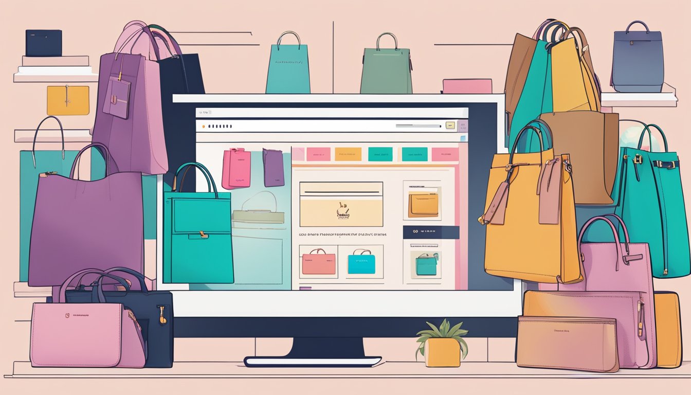 A computer screen displaying a website with various Ted Baker bags for sale. A cursor hovers over the "Add to Cart" button