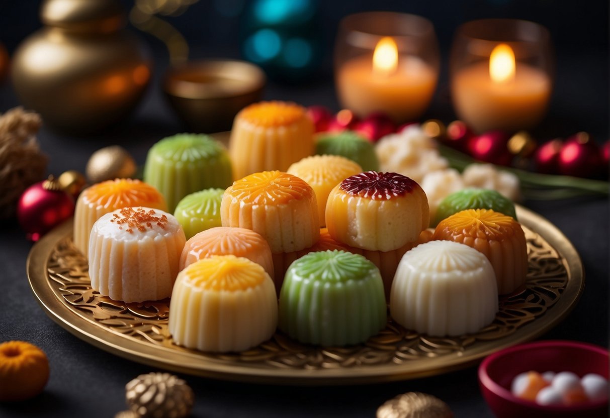 A table adorned with colorful Chinese Christmas desserts, including tangyuan, mooncakes, and sweet rice cakes, surrounded by festive decorations