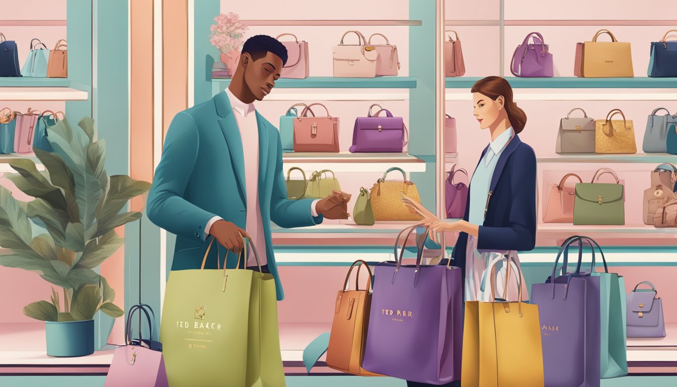 Customers browsing a website, clicking on "Frequently Asked Questions" section, and selecting "buy ted baker bags online."