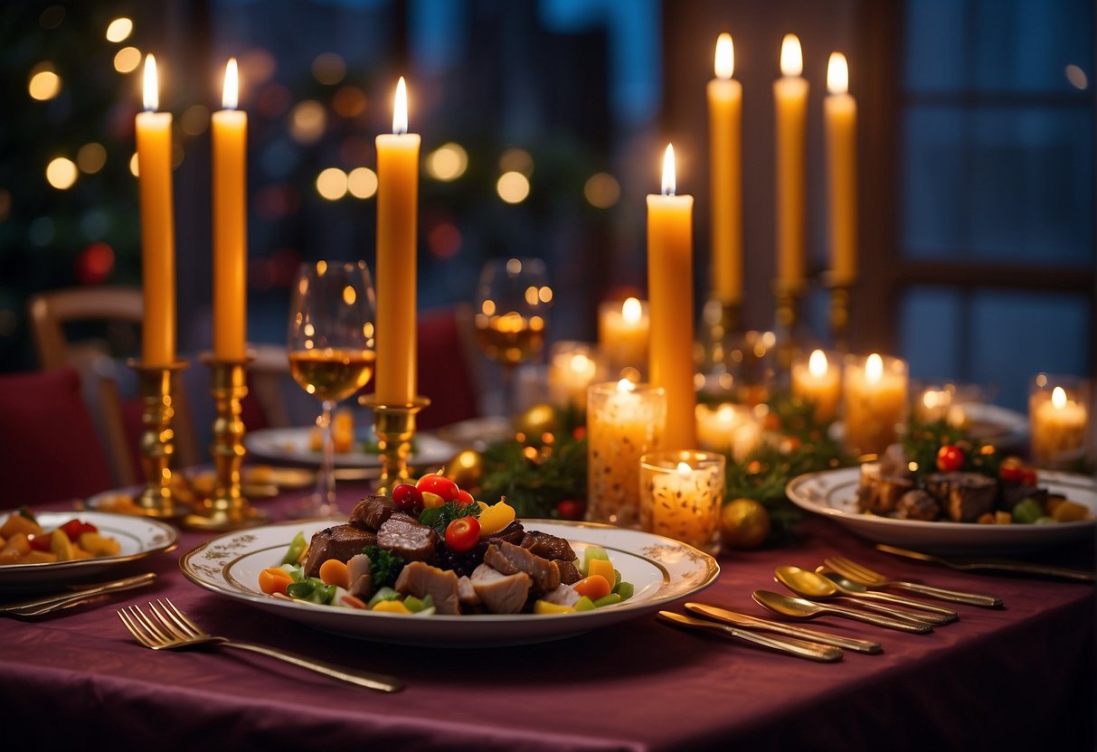 A festive table set with steaming plates of Chinese Christmas dinner mains, surrounded by colorful decorations and glowing candles