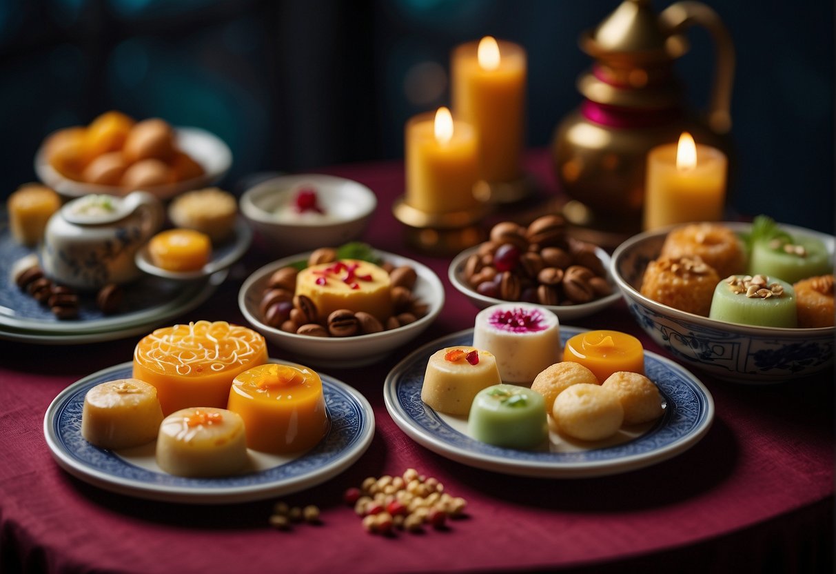 A table adorned with modern Chinese desserts, featuring a fusion of traditional flavors and contemporary presentation. Vibrant colors and intricate designs add a festive touch to the scene