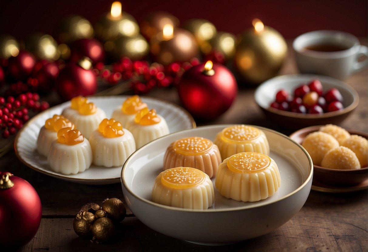 A festive table set with traditional Chinese Christmas desserts, including tangyuan, mooncakes, and sweet rice cakes. Red and gold decorations add a touch of holiday cheer