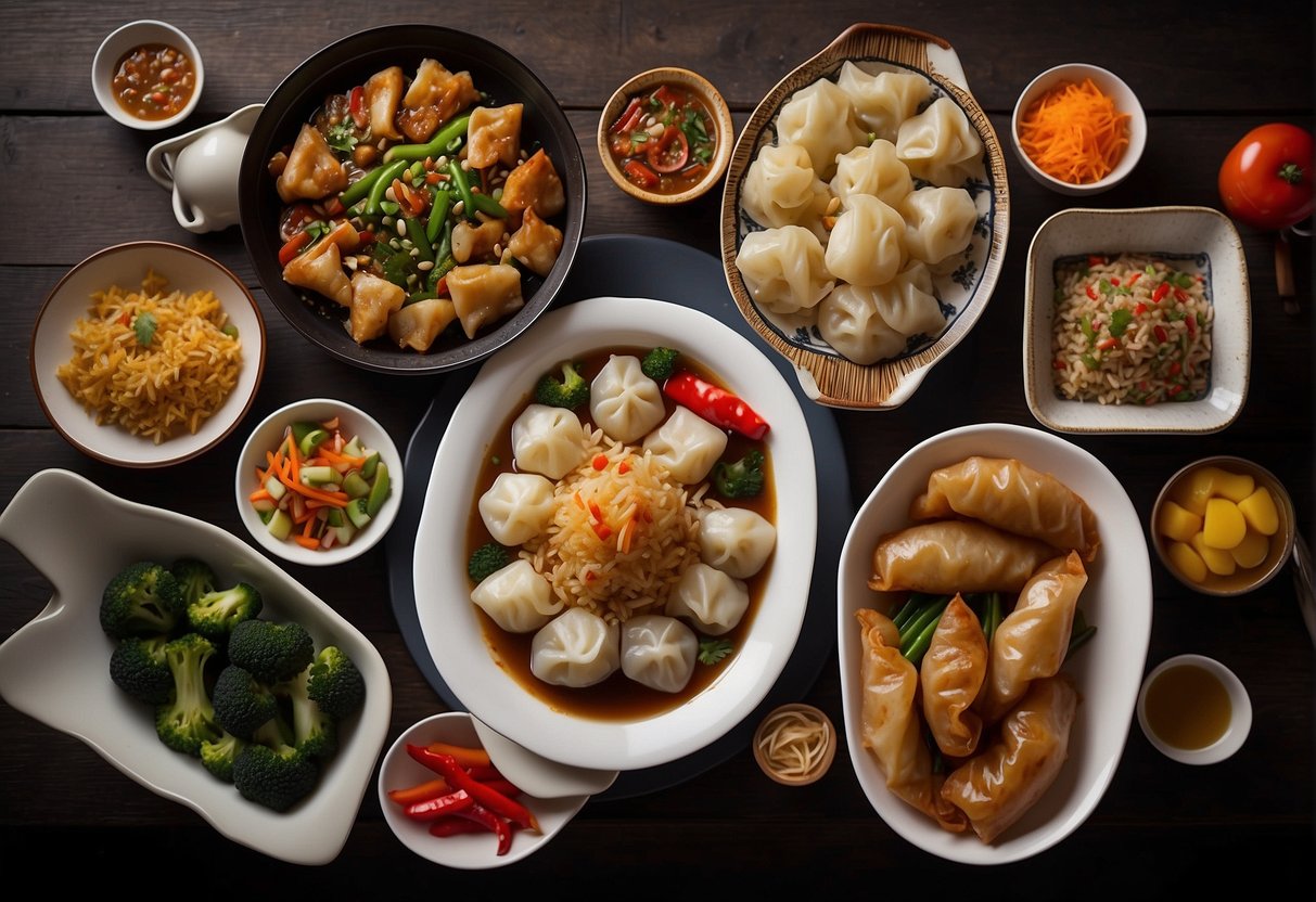 A festive table set with various Chinese Christmas dinner accompaniments, including dumplings, spring rolls, fried rice, and stir-fried vegetables