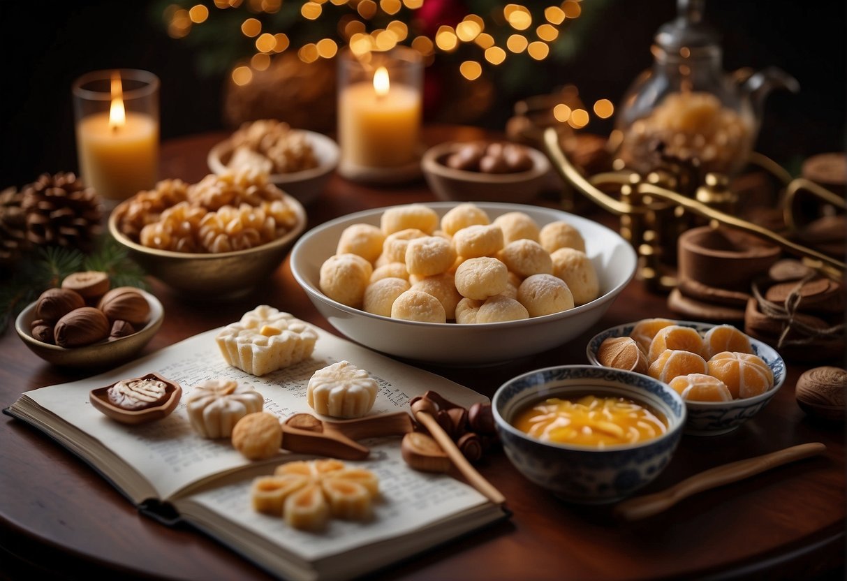 A table spread with various Chinese Christmas dessert ingredients and tools, with a recipe book open to the "Frequently Asked Questions" section