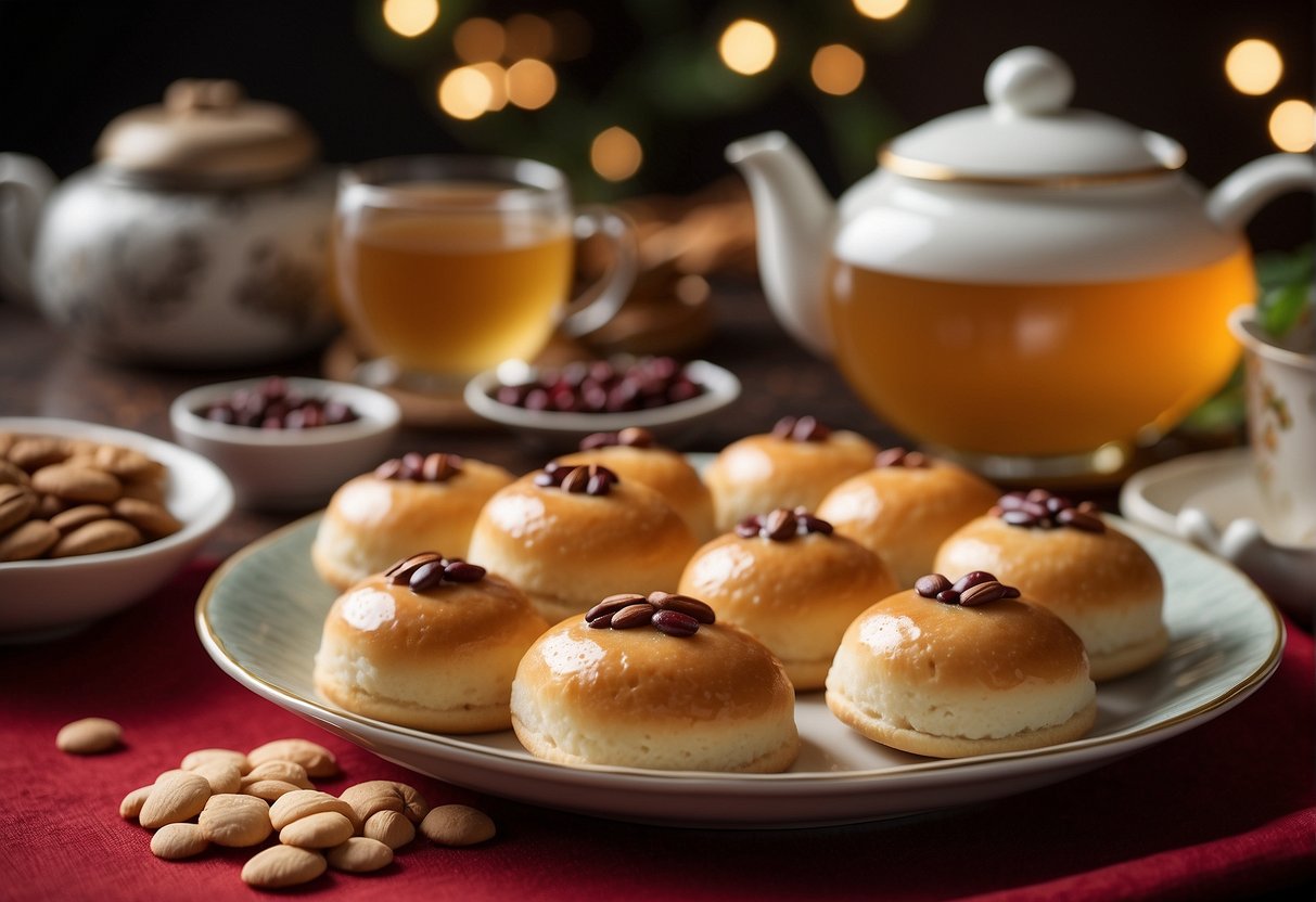 A table set with traditional Chinese Christmas desserts and drinks, featuring red bean buns, almond cookies, and hot ginger tea