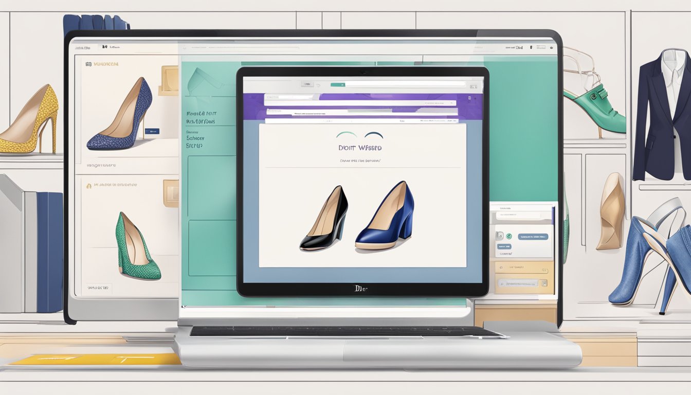 A computer screen displaying a website with the Dior logo, a variety of shoe options, and a "buy now" button