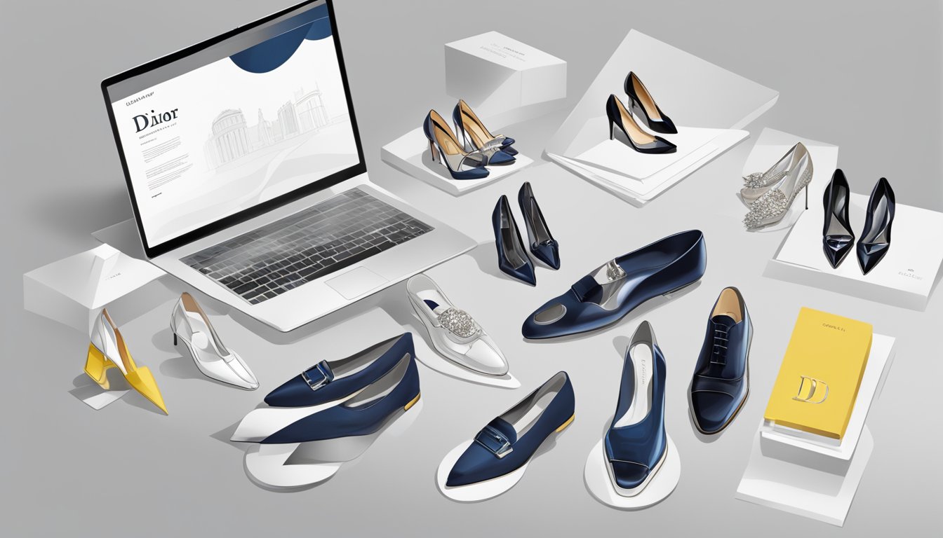 A sleek, modern website with a variety of Dior shoe styles and collections displayed. Clear navigation and high-quality images