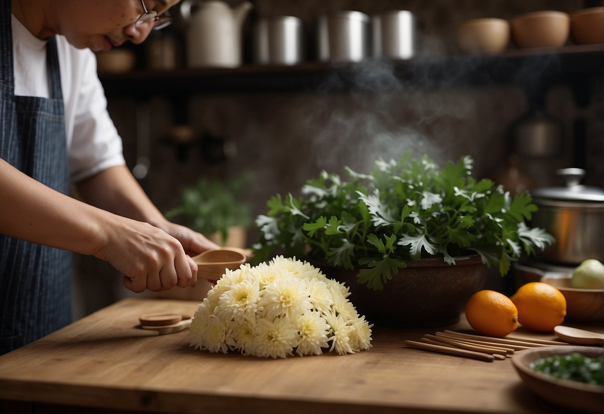 A hand reaches for chrysanthemum leaves in a traditional Chinese kitchen, surrounded by ingredients and cooking utensils
