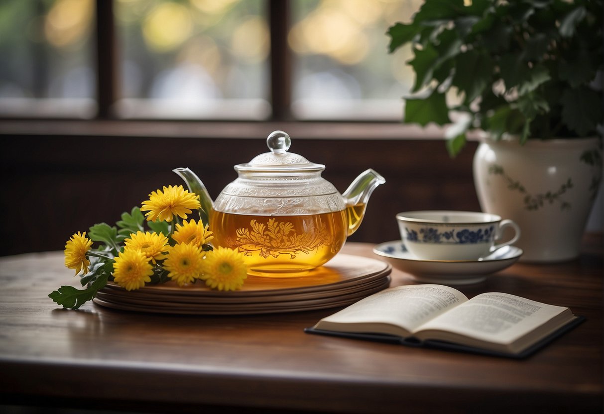 A traditional Chinese teapot sits on a wooden table, surrounded by chrysanthemum leaves and a recipe book, symbolizing the cultural significance of the chrysanthemum in Chinese cuisine