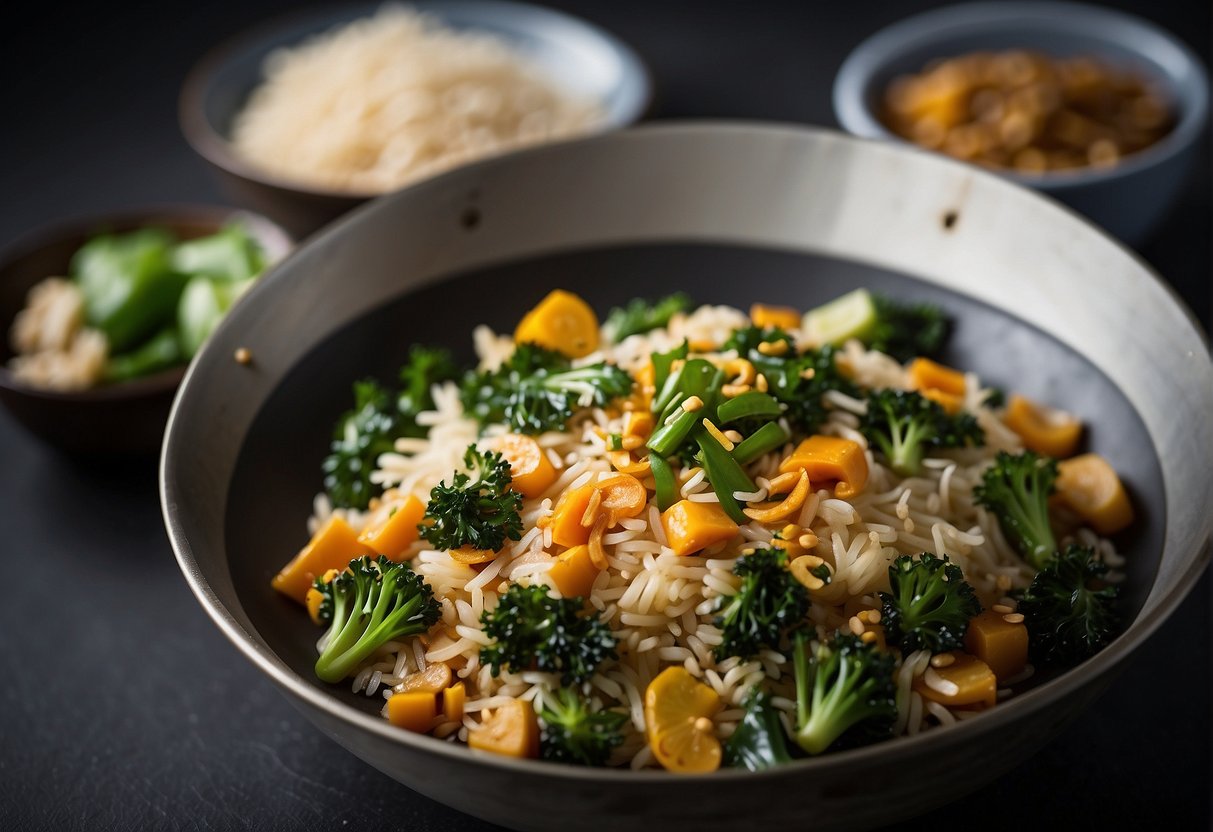 A wok sizzles with chrysanthemum leaves stir-frying in garlic and soy sauce. A bowl of rice sits nearby, ready to be paired with the fragrant dish