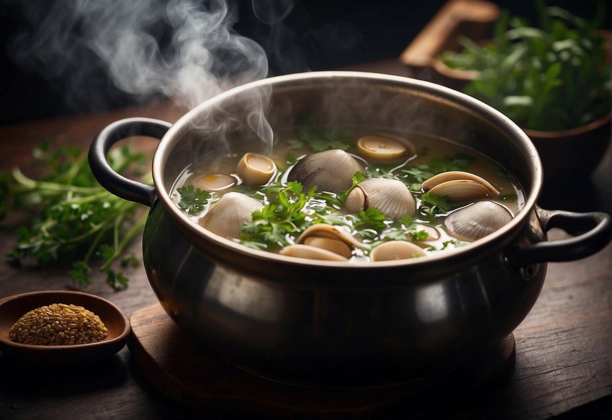 A steaming pot of Chinese clam soup with floating herbs and spices. The aroma of ginger and garlic fills the air as the clams open up in the savory broth