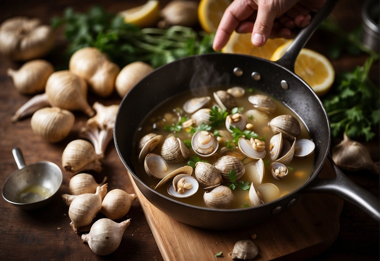 A hand reaches for ginger, garlic, and clams. A pot of broth simmers on the stove. Ingredients are laid out on a wooden cutting board