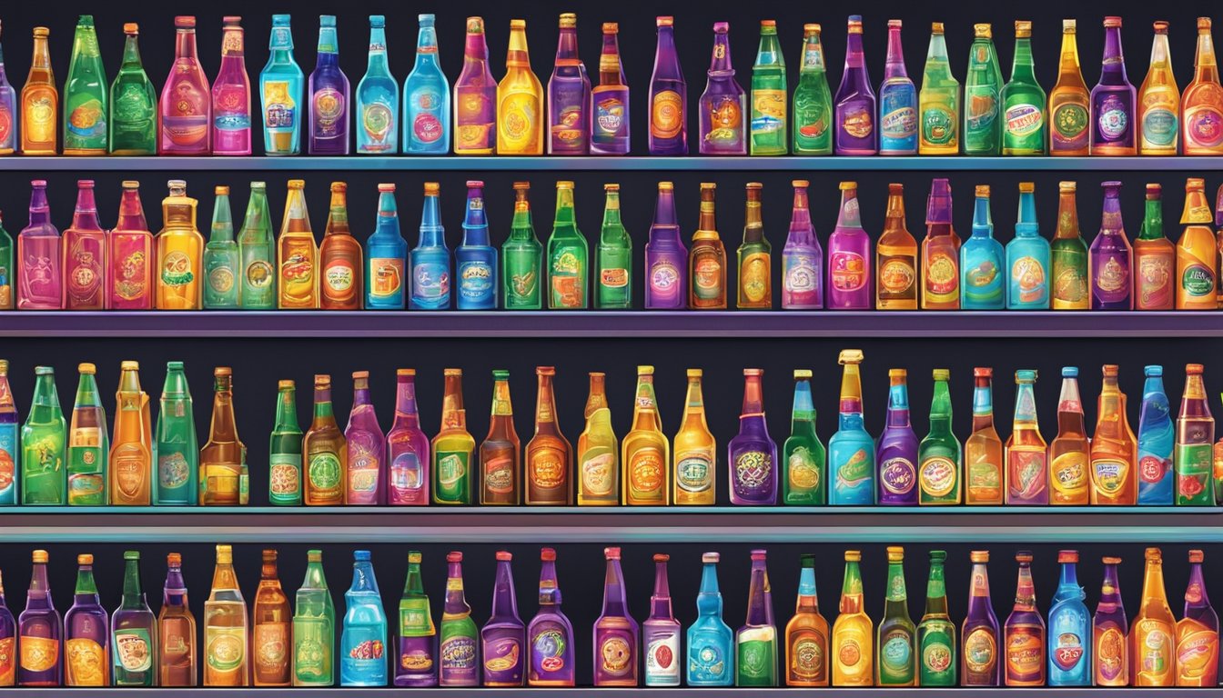 A store shelf displays various drinking games in colorful packaging. Bright lights illuminate the section, drawing attention to the assortment of options available for purchase in Singapore