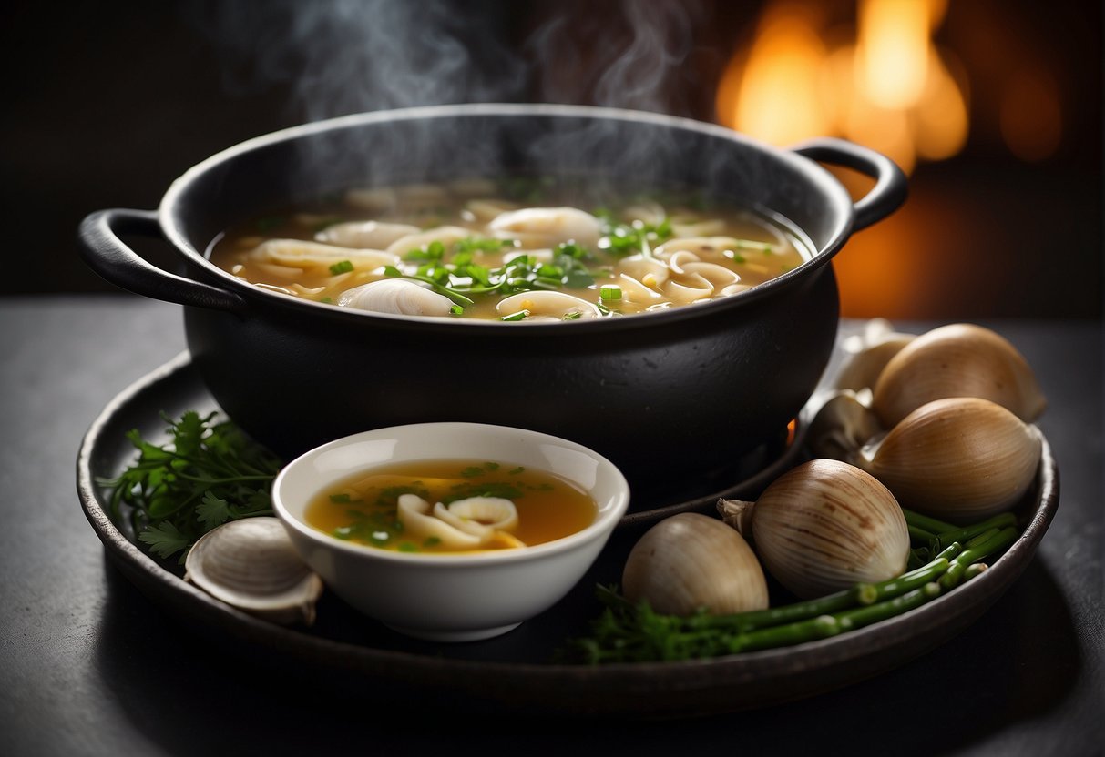 A pot simmers with broth, clams, ginger, and scallions. Ingredients like soy sauce and rice wine sit nearby