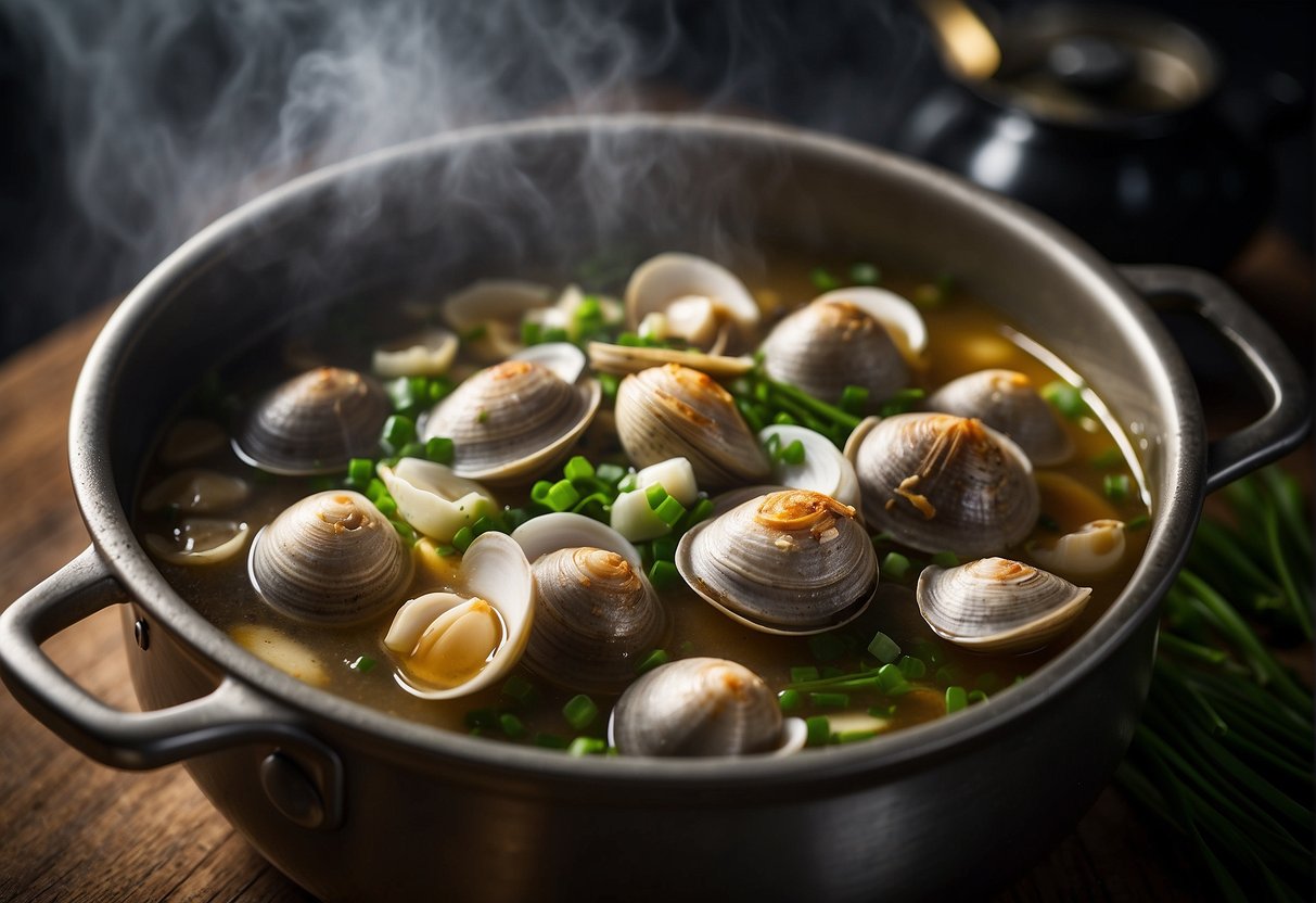 Clams simmer in a broth with ginger, garlic, and green onions. Steam rises from the pot as the soup cooks