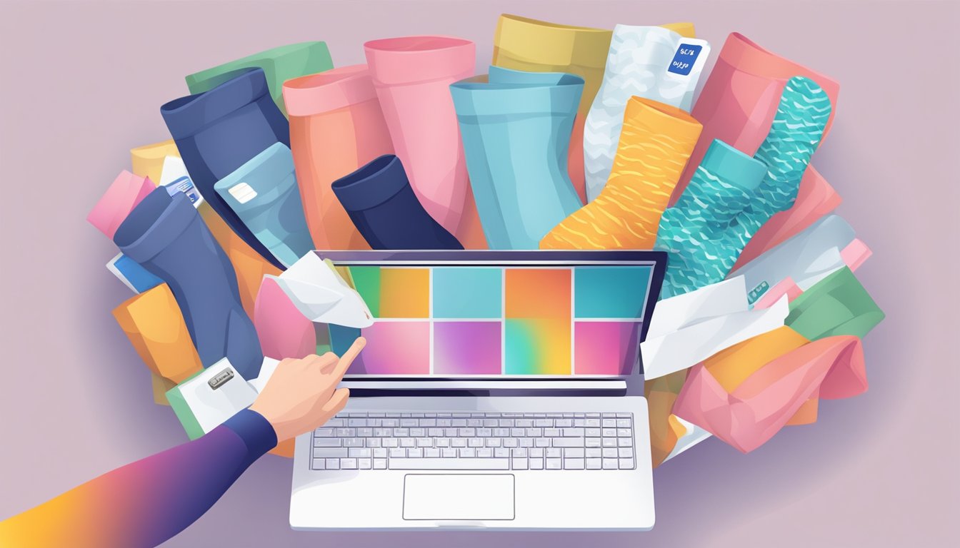 A computer screen displaying a variety of colorful tights. A hand reaching for a credit card. A package being delivered to a doorstep