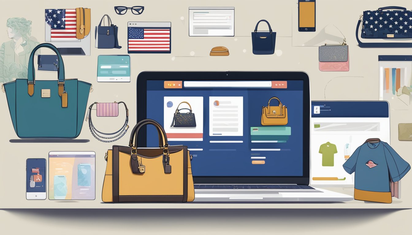 A computer screen displaying a website with various Coach handbags available for purchase. The website is open on a browser with the USA flag in the corner