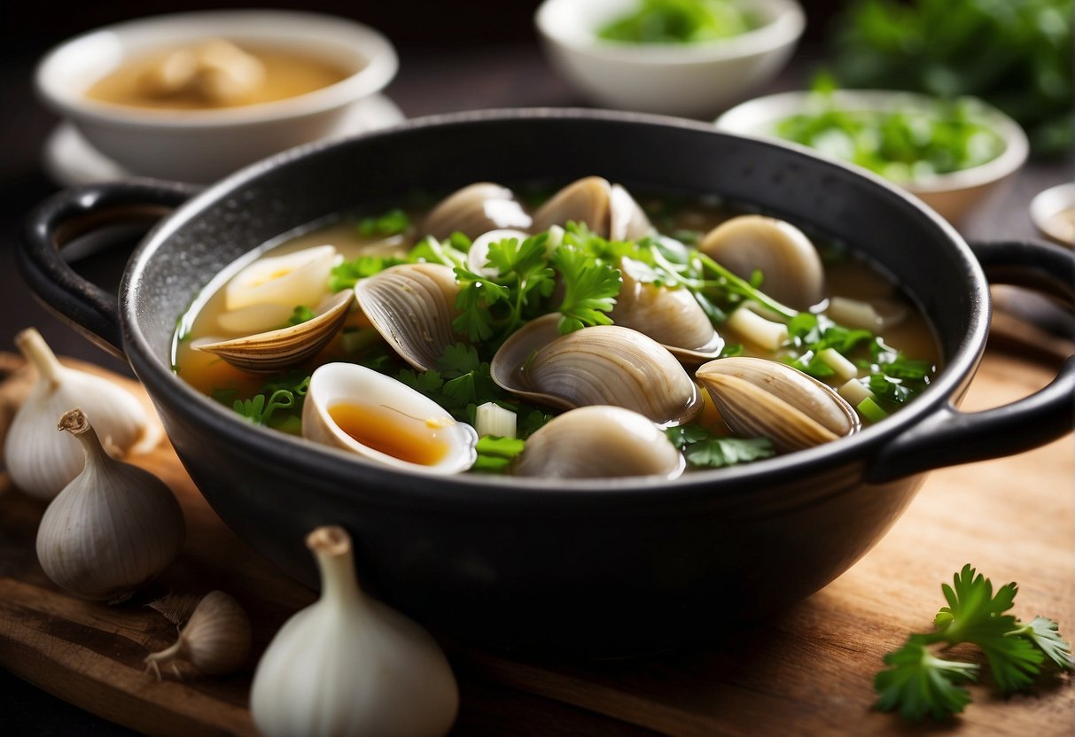 Clams, ginger, garlic, and green onions simmer in a fragrant broth, infused with soy sauce and rice wine. A sprinkle of cilantro adds a finishing touch to the aromatic Chinese clam soup