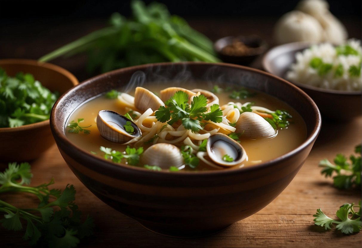 A steaming bowl of Chinese clam soup sits on a wooden table with chopsticks and a spoon beside it. Green onions and cilantro garnish the soup, and steam rises from the bowl