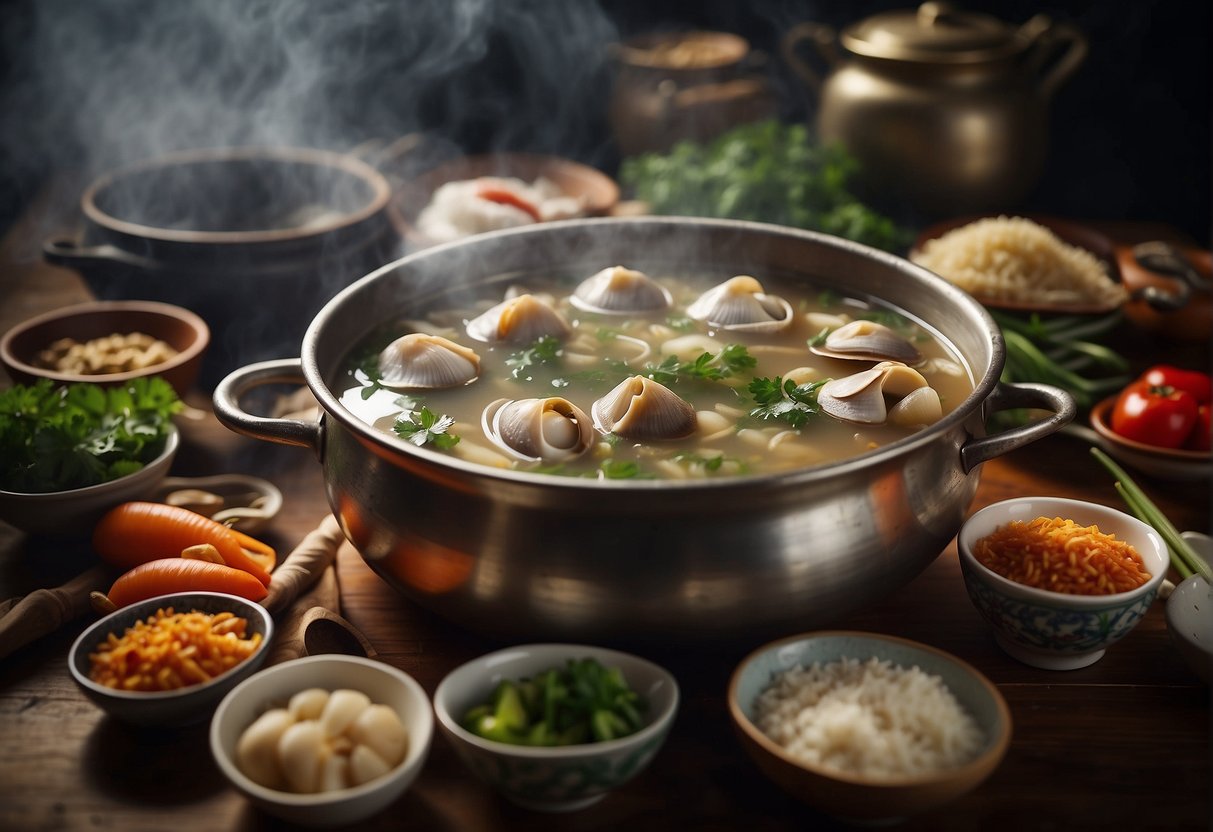A steaming pot of Chinese clam soup surrounded by traditional ingredients and utensils