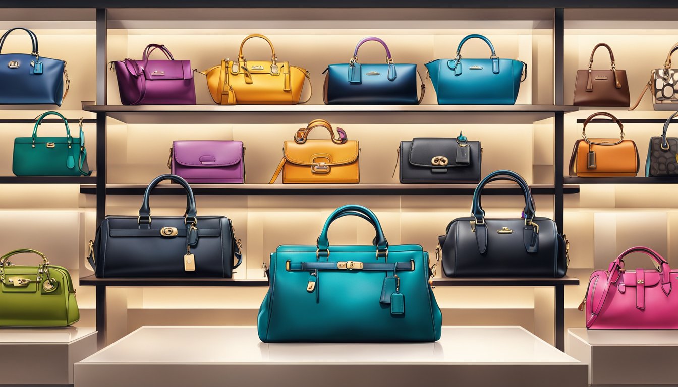 A display of Coach handbags arranged on shelves, showcasing the latest collection. Bright lighting highlights the vibrant colors and luxurious materials