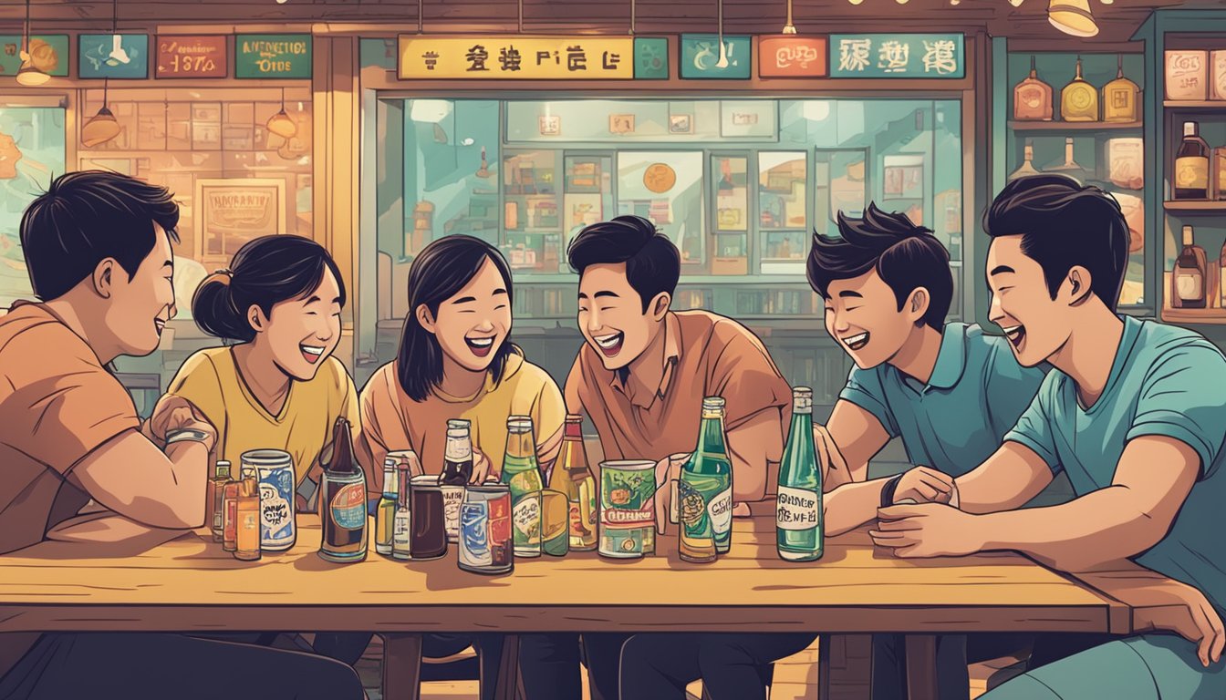 A group of friends gathered around a table covered with various drinking games, laughing and enjoying themselves. A store sign in the background reads "Where to buy drinking games in Singapore."