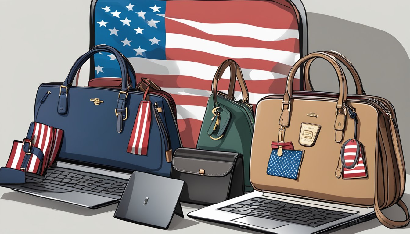 A laptop displaying a variety of Coach handbags, with a USA flag in the background