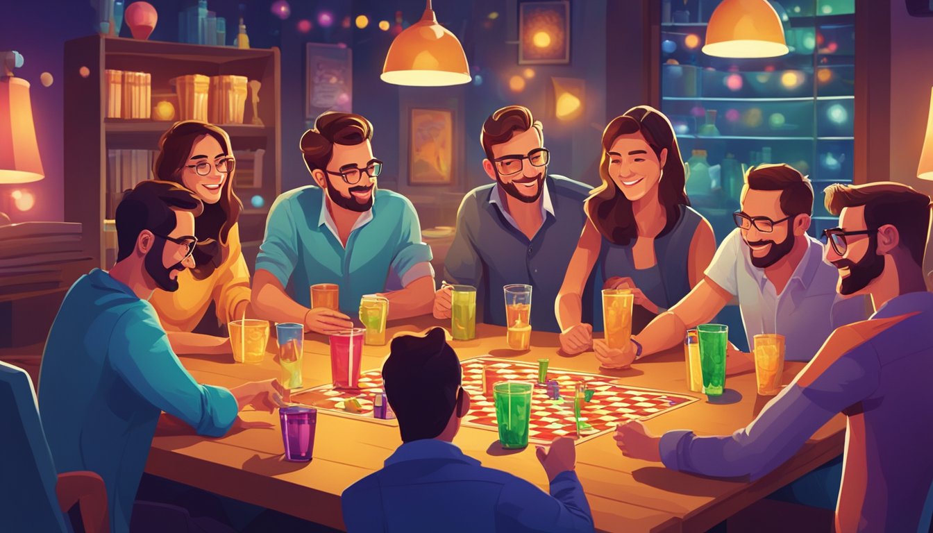 A group of people gathered around a table, playing drinking games with various game sets and drinks, in a lively and vibrant atmosphere