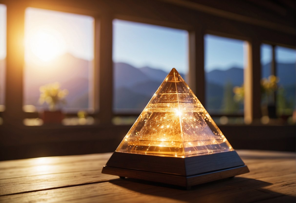 A glowing orgone pyramid sits on a wooden table, emitting vibrant energy and casting a soft, ethereal glow in the surrounding space