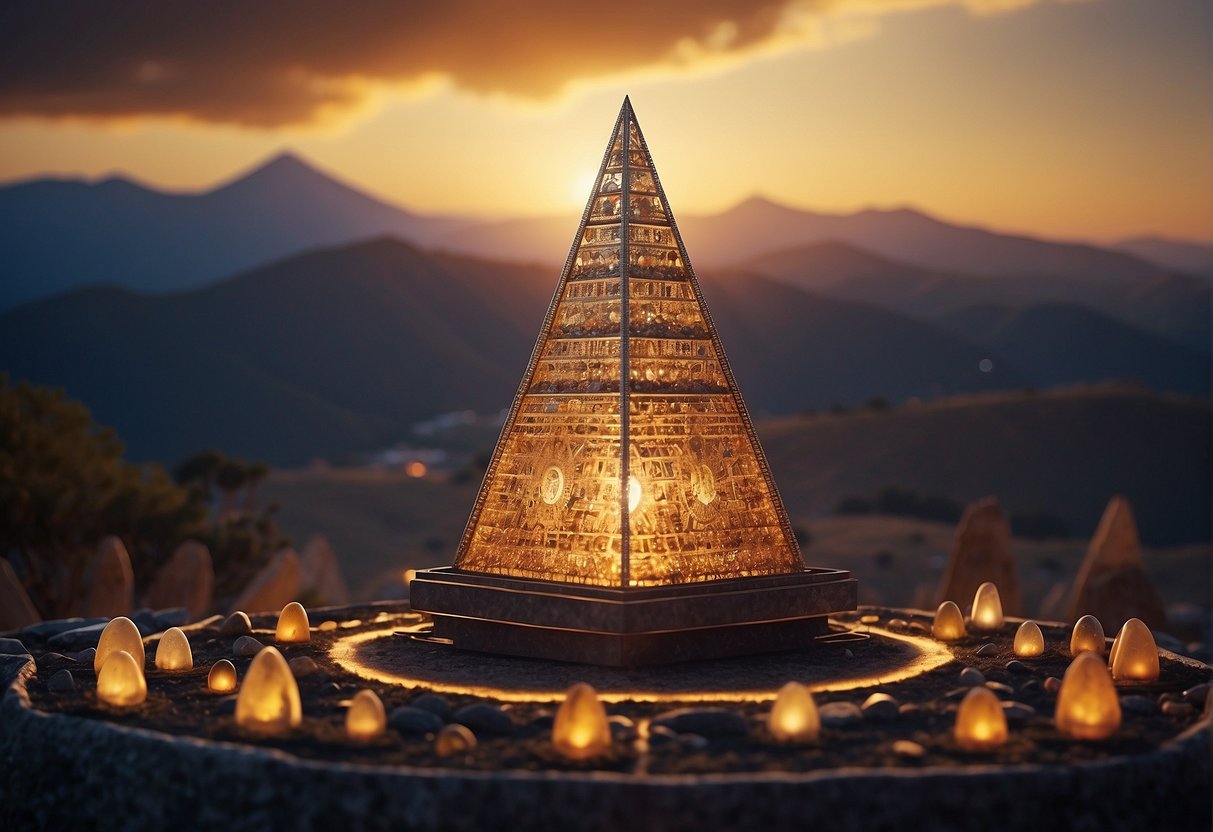 A pyramid-shaped structure emitting energy, surrounded by historical artifacts and symbols, representing the concept of orgone energy